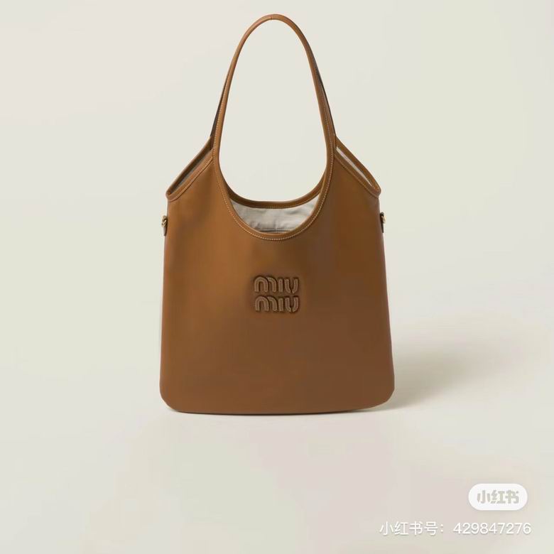 Miu Miu Ivy Leather Hobo Tote Bag in Tan Brown with Embossed Logo