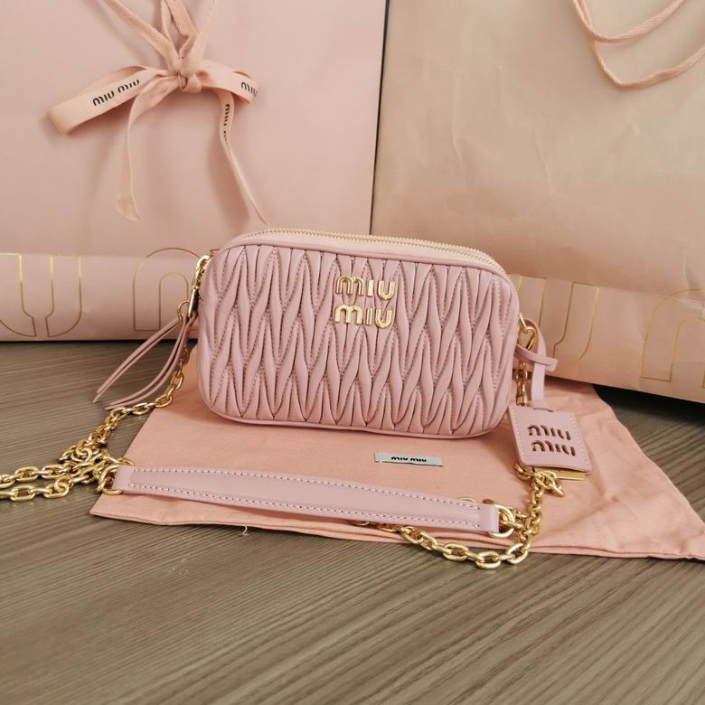 Miu Miu Matelassé Camera Crossbody Bag in Pink Nappa Leather with Gold Chain