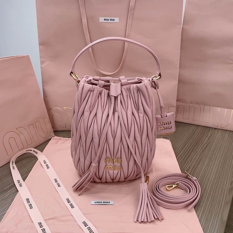 Miu Miu Matelassé Drawstring Bucket Bag in Pink Nappa Leather with Strap