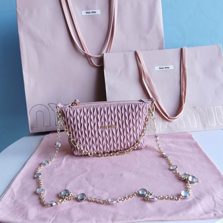 Miu Miu Matelassé Mini Shoulder Bag with Crystal Chain Strap in Pink