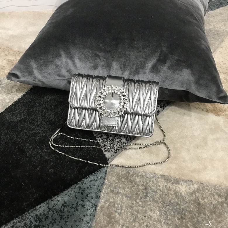 Miu Miu Matelassé Crystal Buckle Shoulder Bag in Silver Metallic Leather