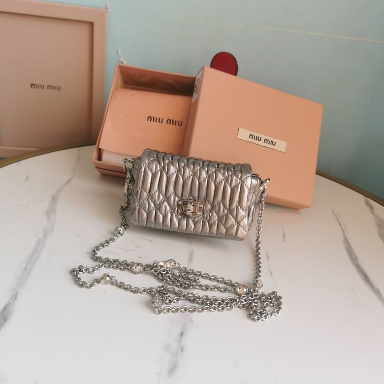 Miu Miu Matelassé Mini Crossbody Bag in Silver Metallic Leather with Chain