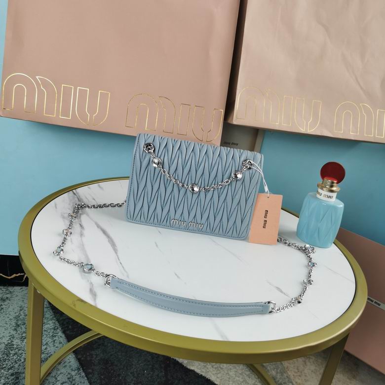 Miu Miu Matelassé Crystal Chain Shoulder Bag in Light Blue Nappa Leather
