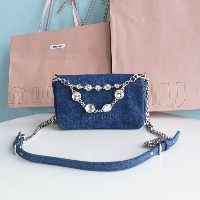 Miu Miu Crystal-Chain Denim Shoulder Bag in Blue with Embossed Logo