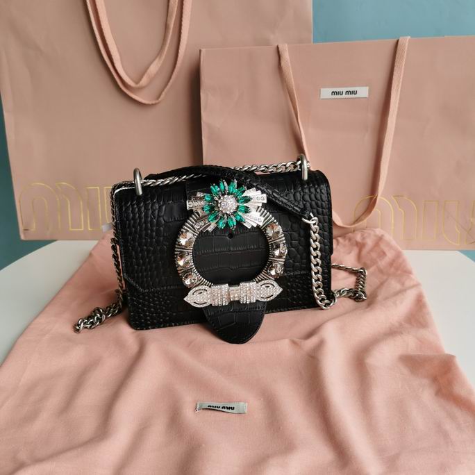 Miu Miu Miu Lady Crystal-Buckle Shoulder Bag in Black Croc-Embossed Leather