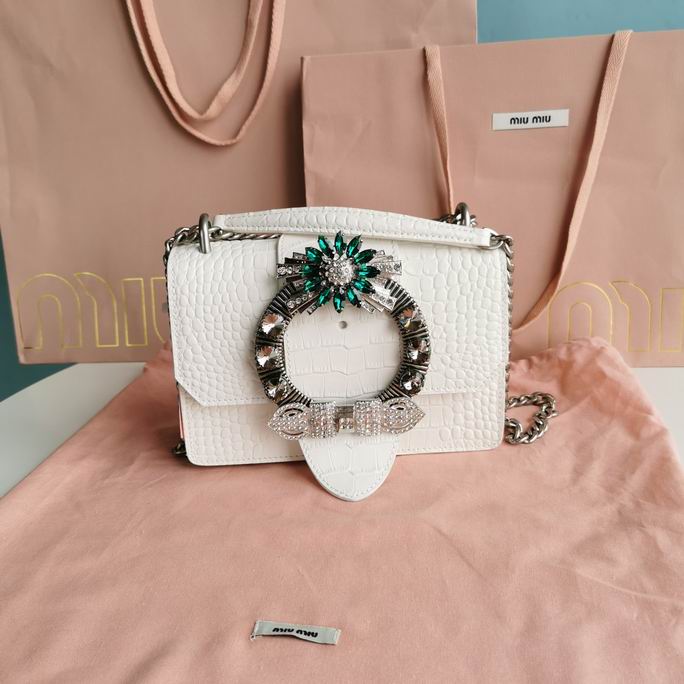 Miu Miu Miu Lady 5BD084 Crystal Buckle Shoulder Bag in White Croc-Embossed Leather