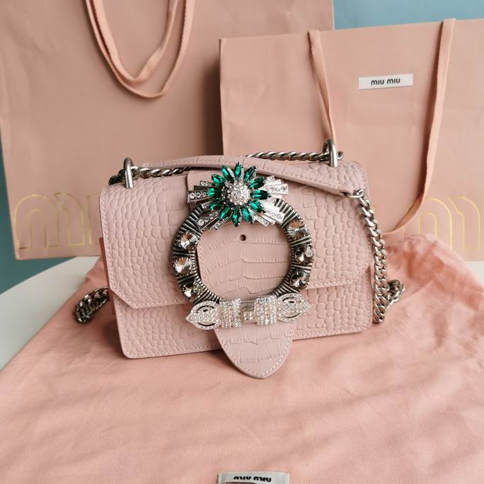 Miu Miu Miu Lady Crystal Buckle Shoulder Bag in Pink Croc-Embossed Leather