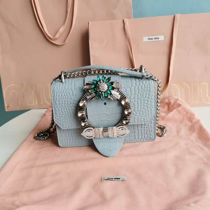 Miu Miu Miu Lady 5BD084 Crystal Buckle Shoulder Bag in Light Blue Croc-Embossed Leather