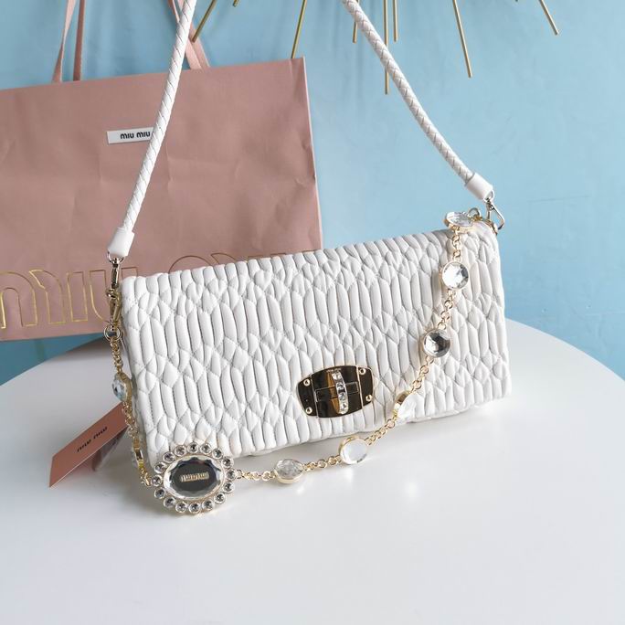 Miu Miu Crystal Matelassé Shoulder Bag in White Nappa Leather with Jewel Chain