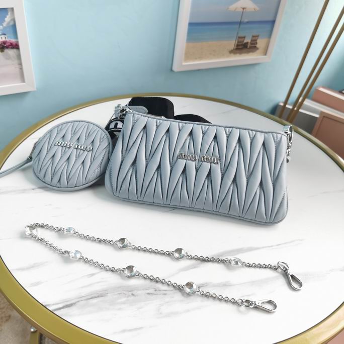 Miu Miu Matelassé Shoulder Bag with Round Pouch and Crystal Chain in Light Blue