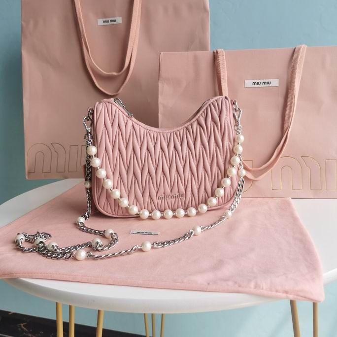 Miu Miu Matelassé Shoulder Bag with Pearl and Chain Strap in Pink Nappa Leather
