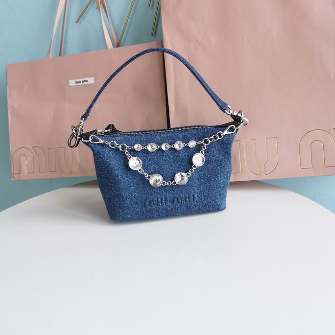 Miu Miu Mini Top-Handle Pouch Bag in Blue Denim with Crystal Chain