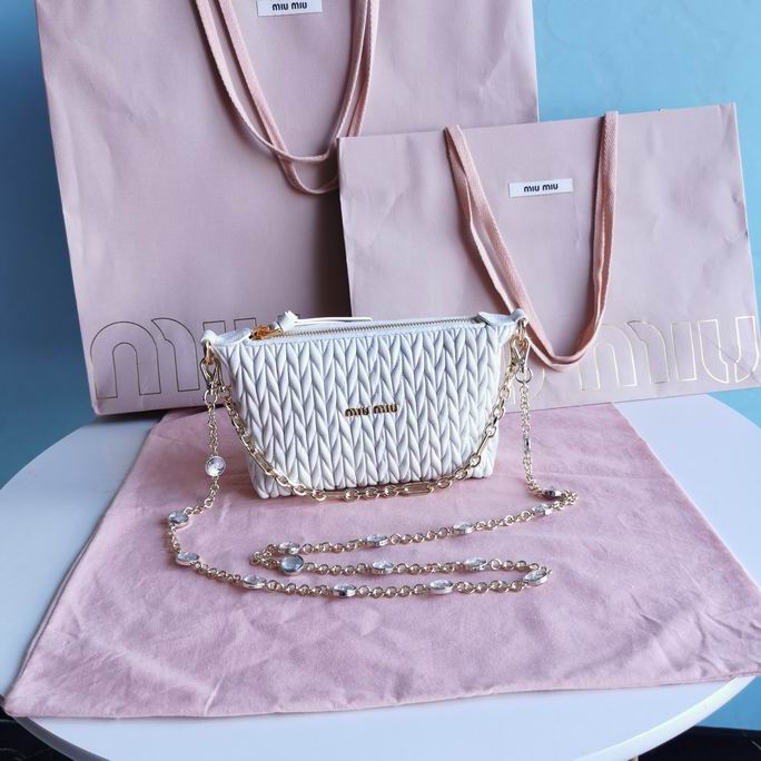 Miu Miu Matelassé Mini Shoulder Bag with Crystal Chain Strap in White Leather
