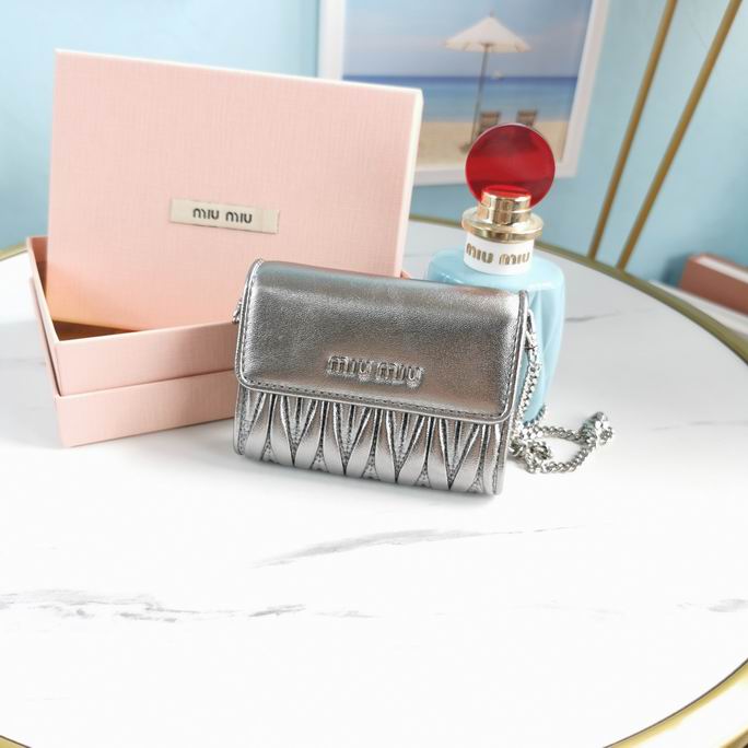 Miu Miu Matelassé Mini Flap Wallet on Chain in Silver Metallic Nappa Leather