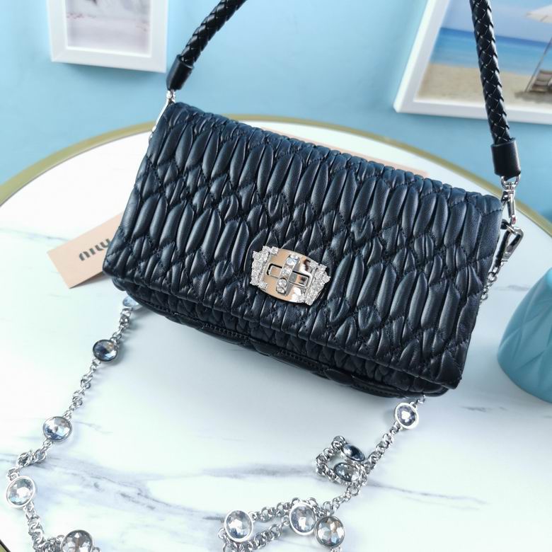 Miu Miu Matelassé Crystal Shoulder Bag in Black Nappa Leather, 21cm