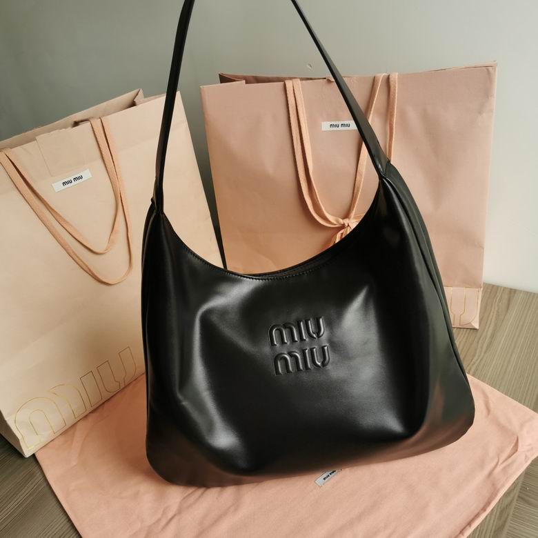 Miu Miu Large Hobo Shoulder Bag with Embossed Logo in Black Leather