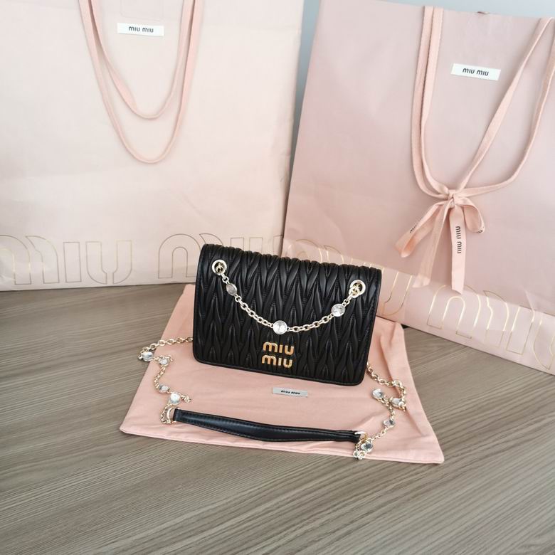Miu Miu Matelassé Crystal Chain Shoulder Bag in Black Quilted Leather