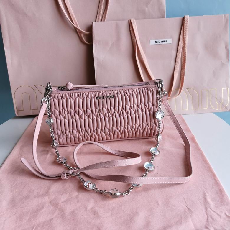 Miu Miu Matelassé Crystal Chain Shoulder Bag in Pink Nappa Leather