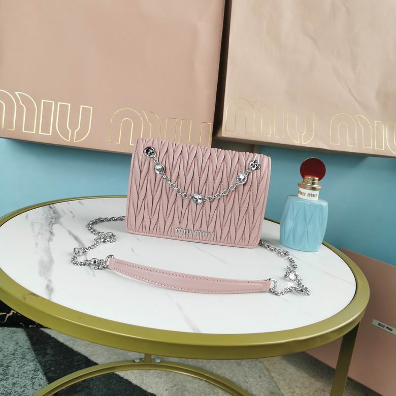 Miu Miu Matelassé Crystal Chain Shoulder Bag in Pink Nappa Leather