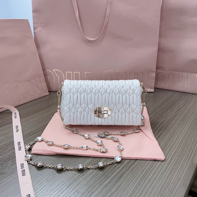 Miu Miu Crystal Matelassé Shoulder Bag in White Nappa Leather