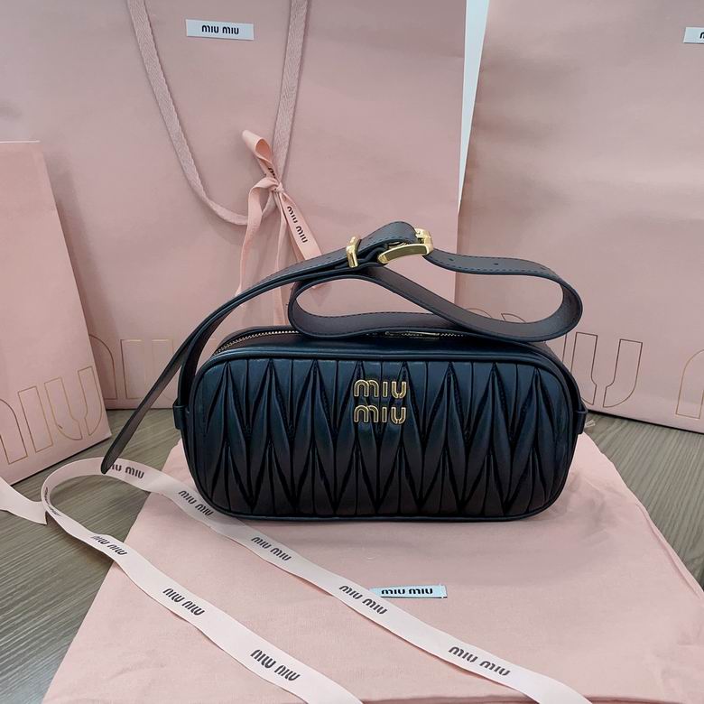 Miu Miu Matelassé Nappa Leather Shoulder Bag in Black with Gold Logo