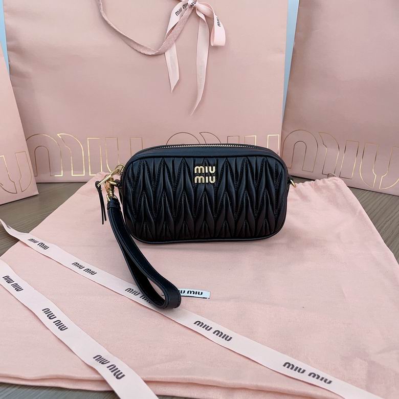 Miu Miu Matelassé Nappa Leather Camera-Style Pouch with Wrist Strap in Black
