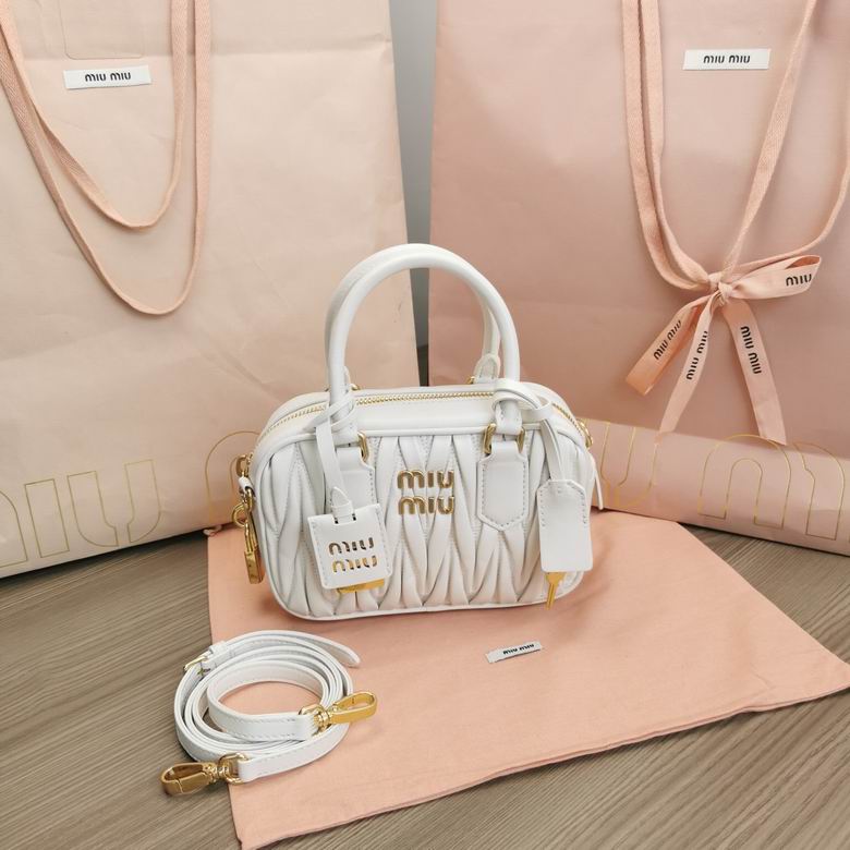 Miu Miu Arcadie Matelassé Bowling Bag with Strap in White Nappa Leather