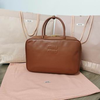 Miu Miu Top-Handle Bowling Bag in Tan Brown Leather with Embossed Logo