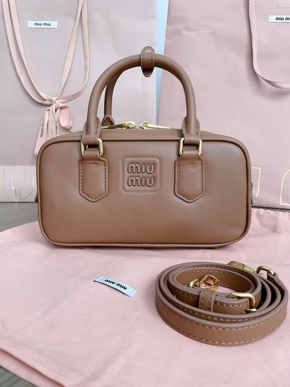 Miu Miu Arcadie Top-Handle Bowling Bag in Tan Brown Leather with Strap