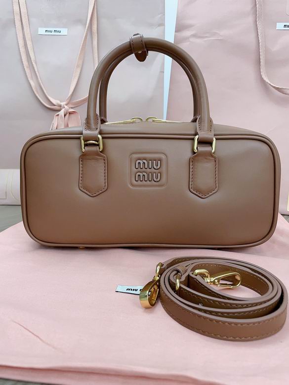 Miu Miu Arcadie Top-Handle Bowling Bag in Tan Brown Leather with Strap