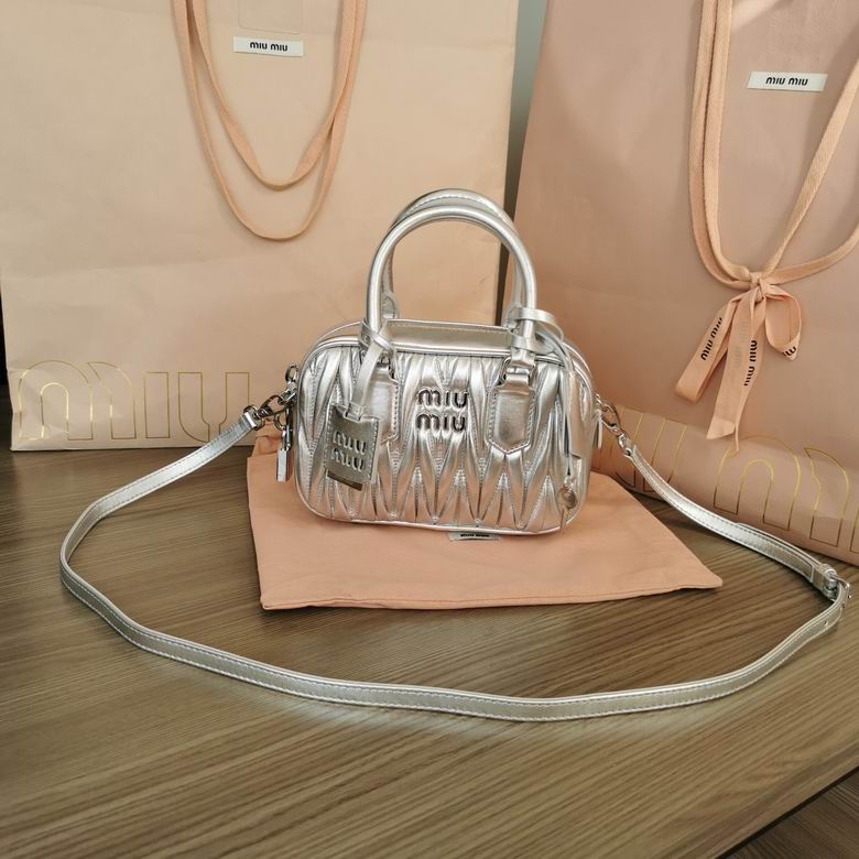 Miu Miu Arcadie Mini Top-Handle Bag in Silver Matelassé Metallic Leather