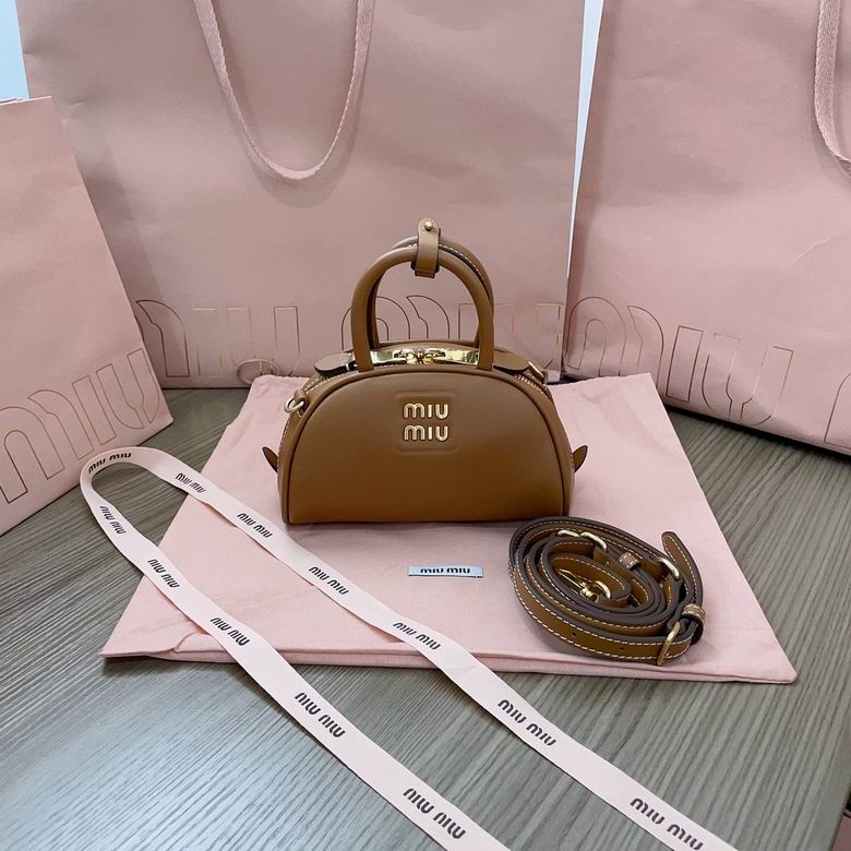Miu Miu Mini Bowling Bag with Top Handles and Strap in Tan Leather