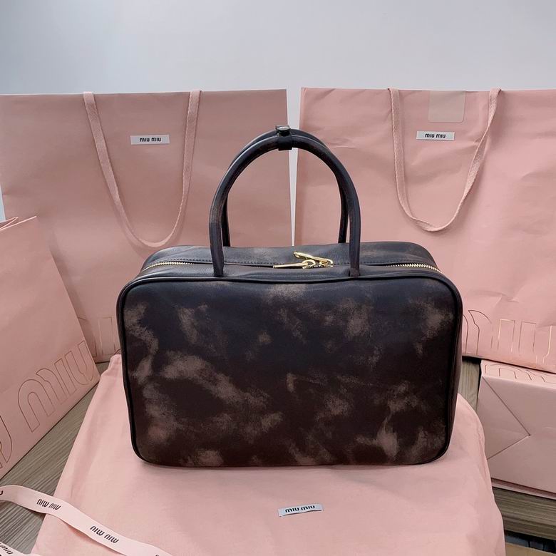 Miu Miu Bowling Bag with Top Handles in Faded Dark Brown Distressed Leather