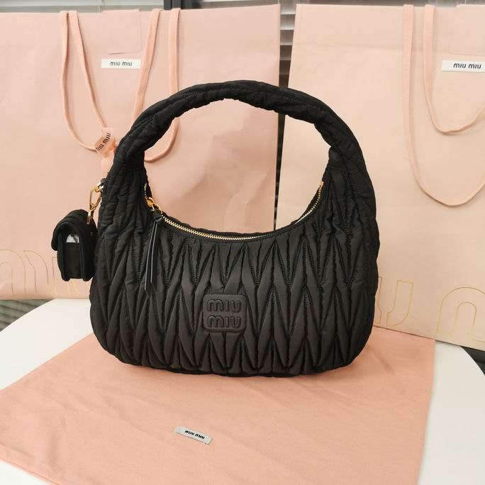 Miu Miu Miu Wander Matelassé Nylon Hobo Bag in Black with Mini Pouch Charm