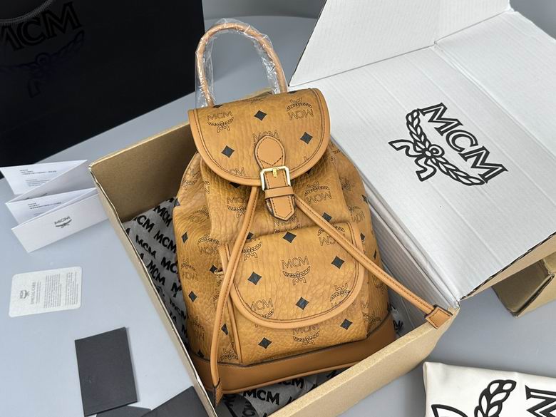 MCM Drawstring Flap Backpack in Cognac Visetos Coated Canvas