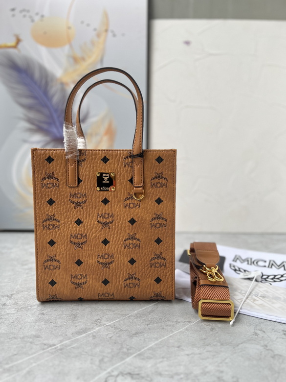 MCM Aren Mini Vertical Tote Bag in Cognac Visetos Monogram Canvas