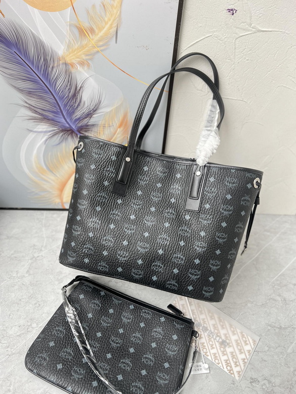 MCM Liz Reversible Tote Bag with Pouch in Black Visetos Monogram Canvas