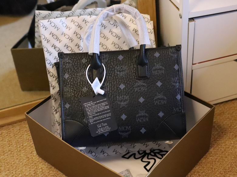 MCM München Mini Tote Bag in Black Visetos Coated Canvas with Leather Trim