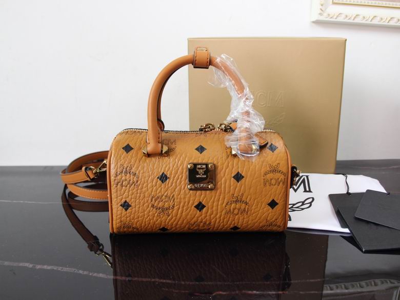 MCM Mini Boston Pillow Bag in Cognac Visetos Coated Canvas