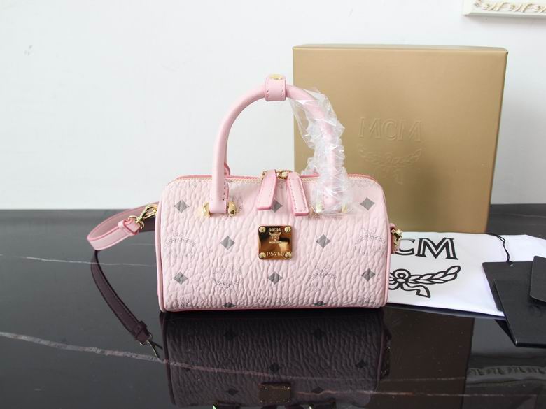 MCM Mini Boston Pillow Bag in Light Pink Visetos with Crossbody Strap