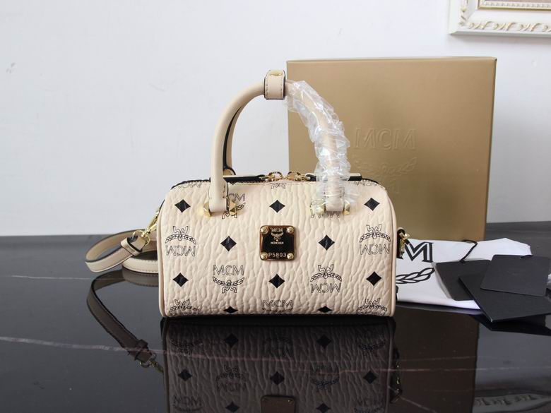 MCM Mini Boston Pillow Bag in Beige Visetos Coated Canvas