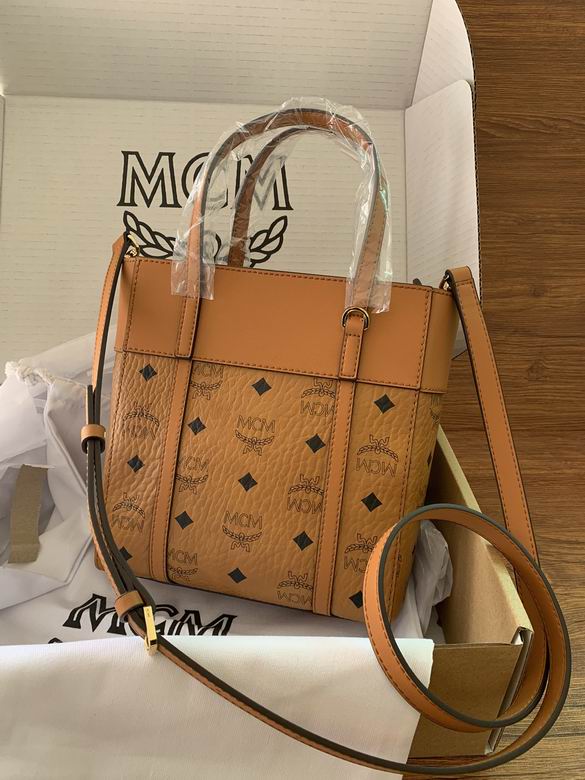 MCM Mini Tote Bag with Crossbody Strap in Cognac Visetos Monogram Canvas