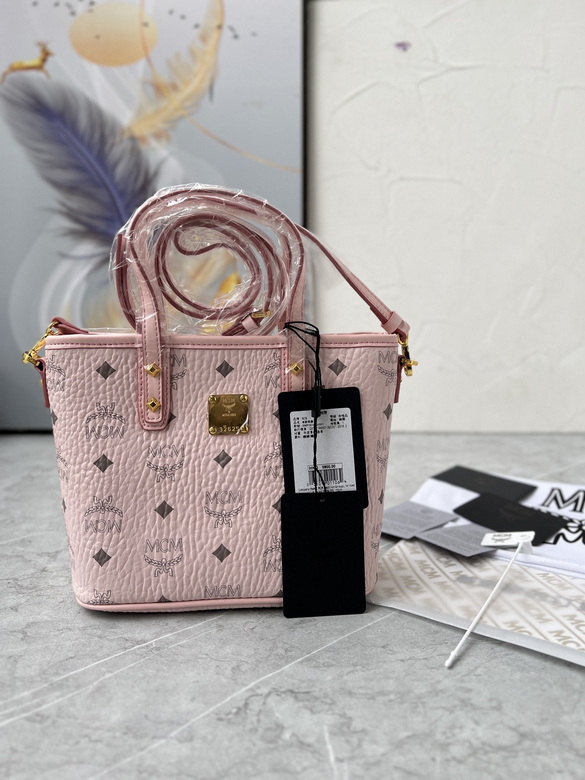 MCM Mini Tote Bag with Crossbody Strap in Pink Visetos Coated Canvas