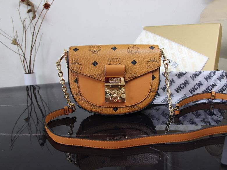 MCM Patricia Mini Saddle Crossbody Bag in Cognac Visetos with Chain Strap