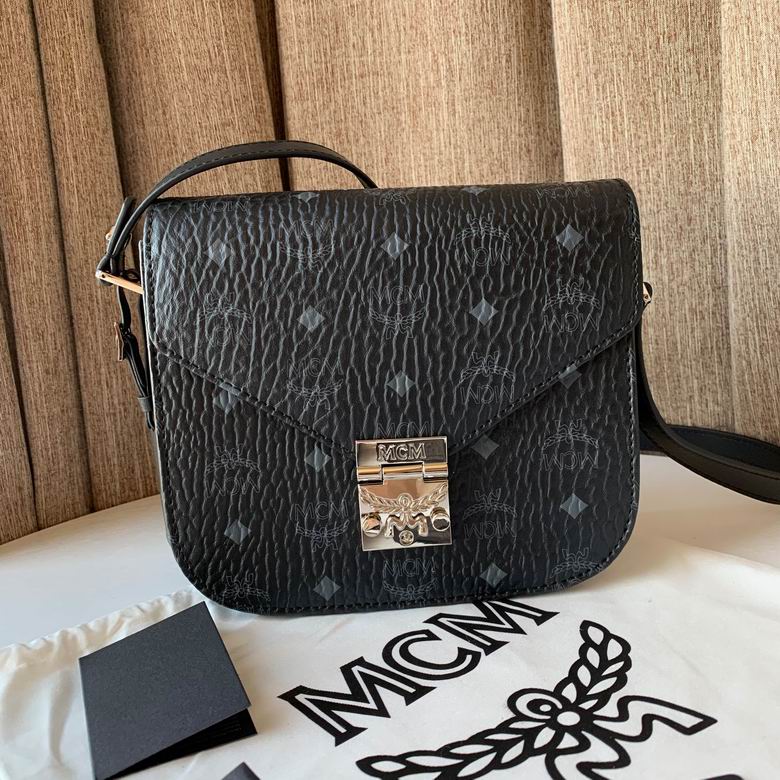 MCM Patricia Small Shoulder Bag in Black Visetos Coated Canvas