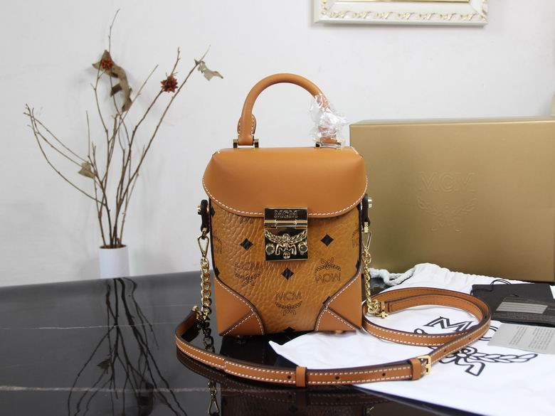 MCM Mini Top-Handle Crossbody Bag in Cognac Visetos with Leather Trim