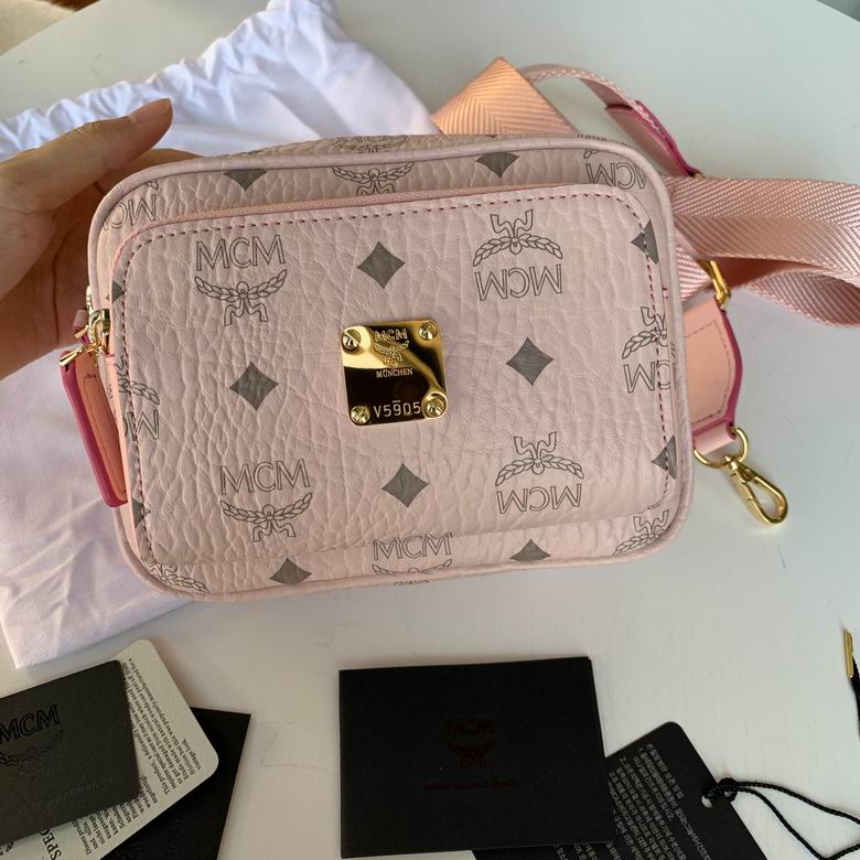 MCM Klassik Mini Camera Bag in Light Pink Visetos with Wide Strap