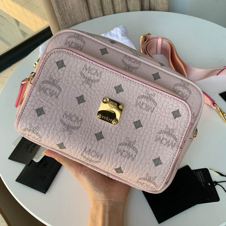MCM Camera Crossbody Bag in Light Pink Visetos Print with Wide Strap