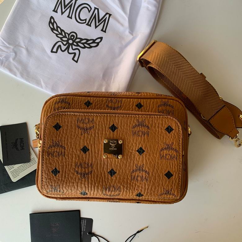 MCM Visetos Camera Crossbody Bag in Cognac with Wide Webbing Strap
