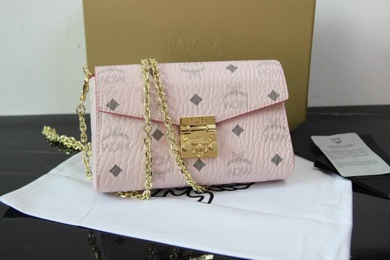 MCM Patricia Mini Crossbody Bag in Pink Visetos Coated Canvas with Gold Chain